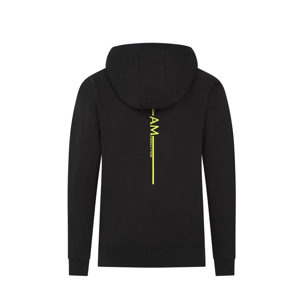 A black Children's Youth Kids Aston Martin F1 Team Kids Car Print hooded long-sleeve fall winter sweatshirt, shown from the back, features a vertical yellow graphic print with the text 'AM' and 'Formula One Team' on the center back, set against a solid light gray background.
