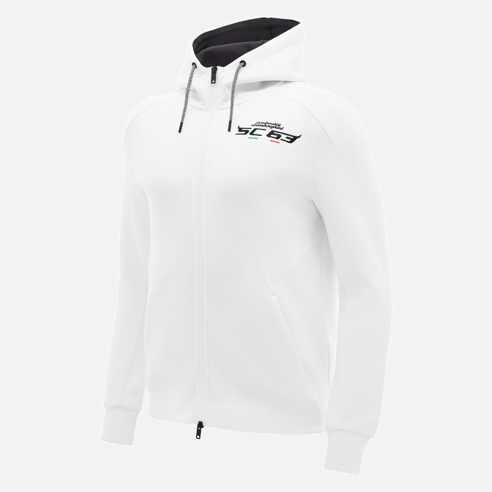 White Men's Automobili Lamborghini Squadra Corse full zip hoodie with black accents on a white background