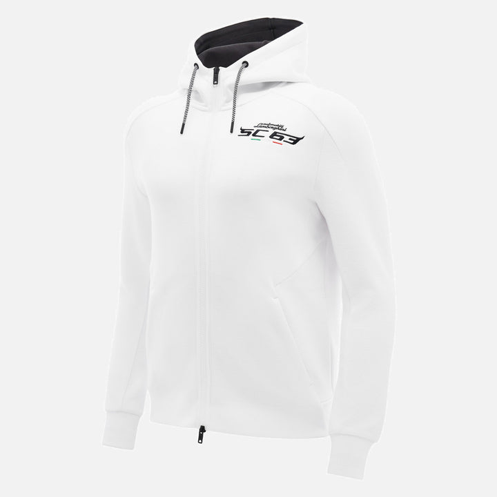 White Men's Automobili Lamborghini Squadra Corse full zip hoodie with black accents on a white background