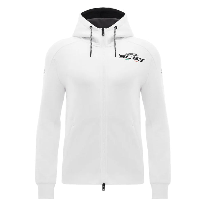 White Lamborghini SC hoodie with black drawstrings and logo on a white background