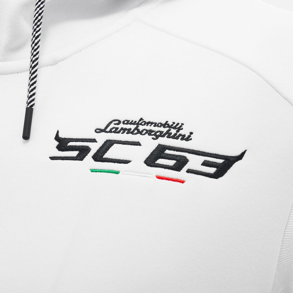 White hoodie with Automobili Lamborghini logo and 'SC63' design on a white background designed by Macron