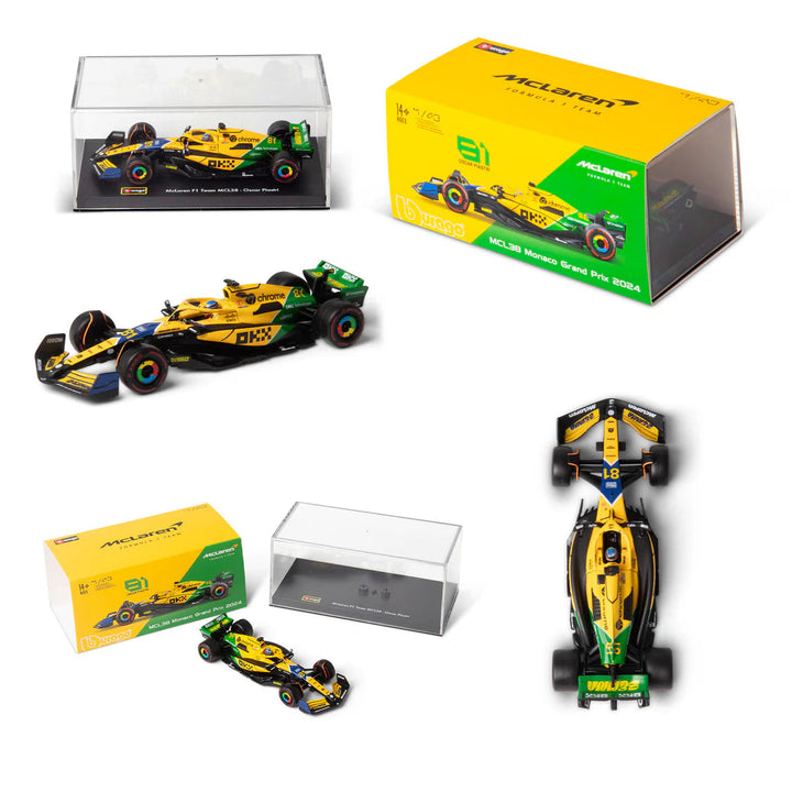 Bburago 1:43 McLaren MCL38 Ayrton Senna Tribute #81 Oscar Piastri 2nd Place Monaco GP 2024 with Premium Hard Case Acrylic Protective Display  – Resin Model