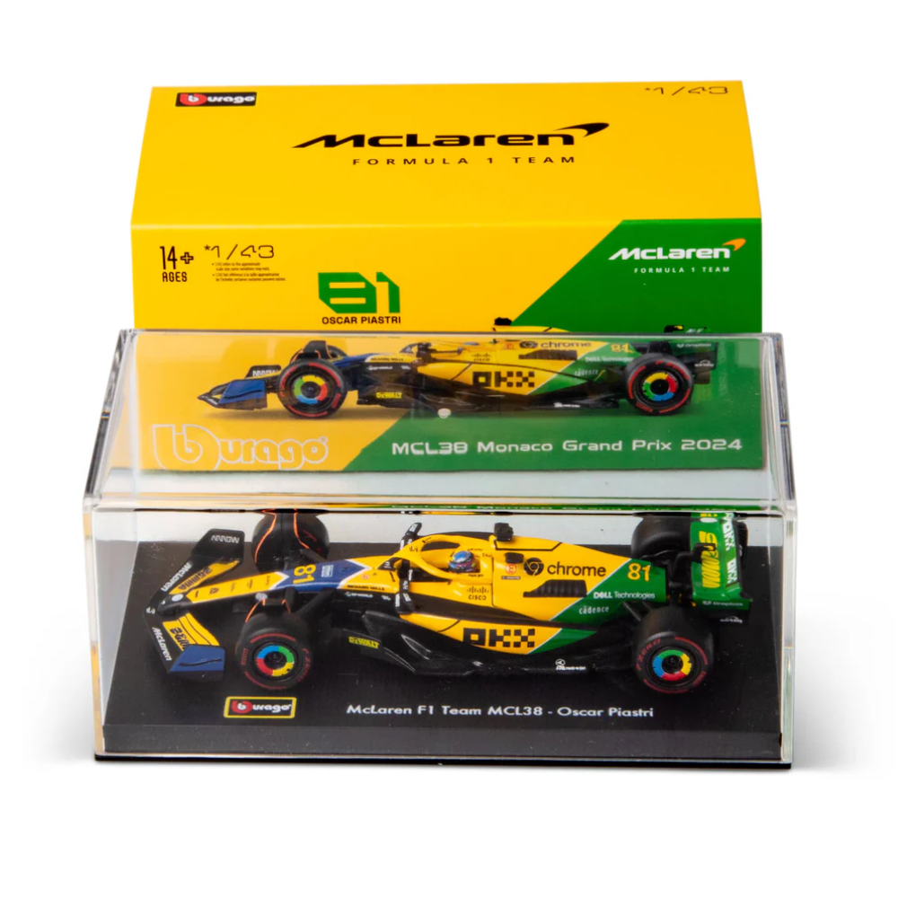 Bburago 1/43 Scale McLaren F1 MCL38 2024 Monaco Grand Prix – Oscar Piastri Diecast Formula 1 car Model in display case with McLaren branding - Yellow, Green and Blue