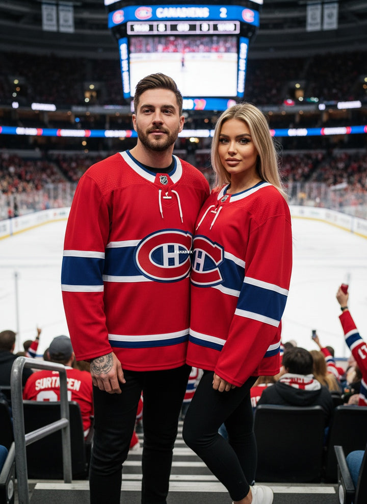 Two people wearing the 2025 official Fanatics NHL Montreal Canadiens jerseys at the Bell Centre hockey game. 