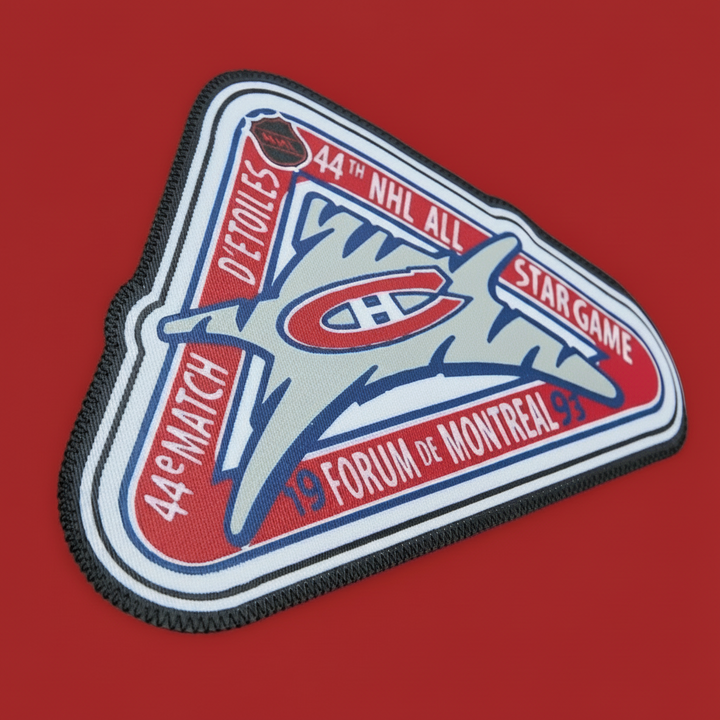 1993 Montreal Canadiens Habs Men's  Vintage NHL All-Star Game patch with red and blue design on a red background by Mitchell and Ness