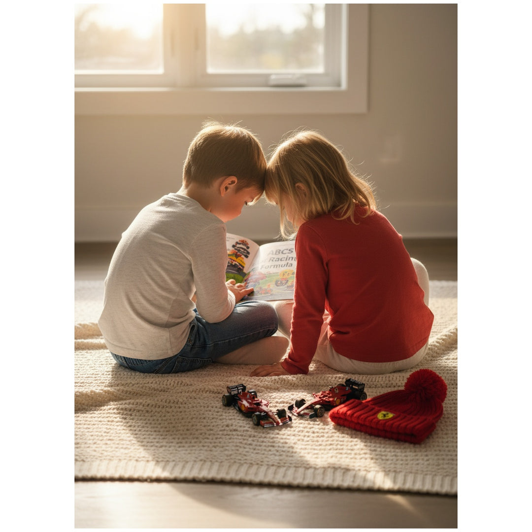 Two children sitting on a rug playing with toys in a sunlit room, reading Bilingual ABCs of Racing Book – English & French – l'ABC de la Course – First Formula 1™ Learning Guide 