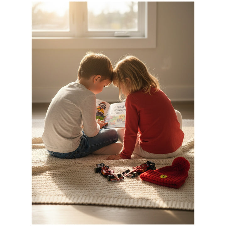 Two children sitting on a rug playing with toys in a sunlit room, reading Bilingual ABCs of Racing Book – English & French – l'ABC de la Course – First Formula 1™ Learning Guide 