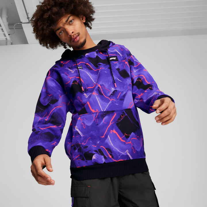 Formula One® Neon Energy All-Over Print Kangaroo Hoodie Sweatshirt Men - Black and Purple