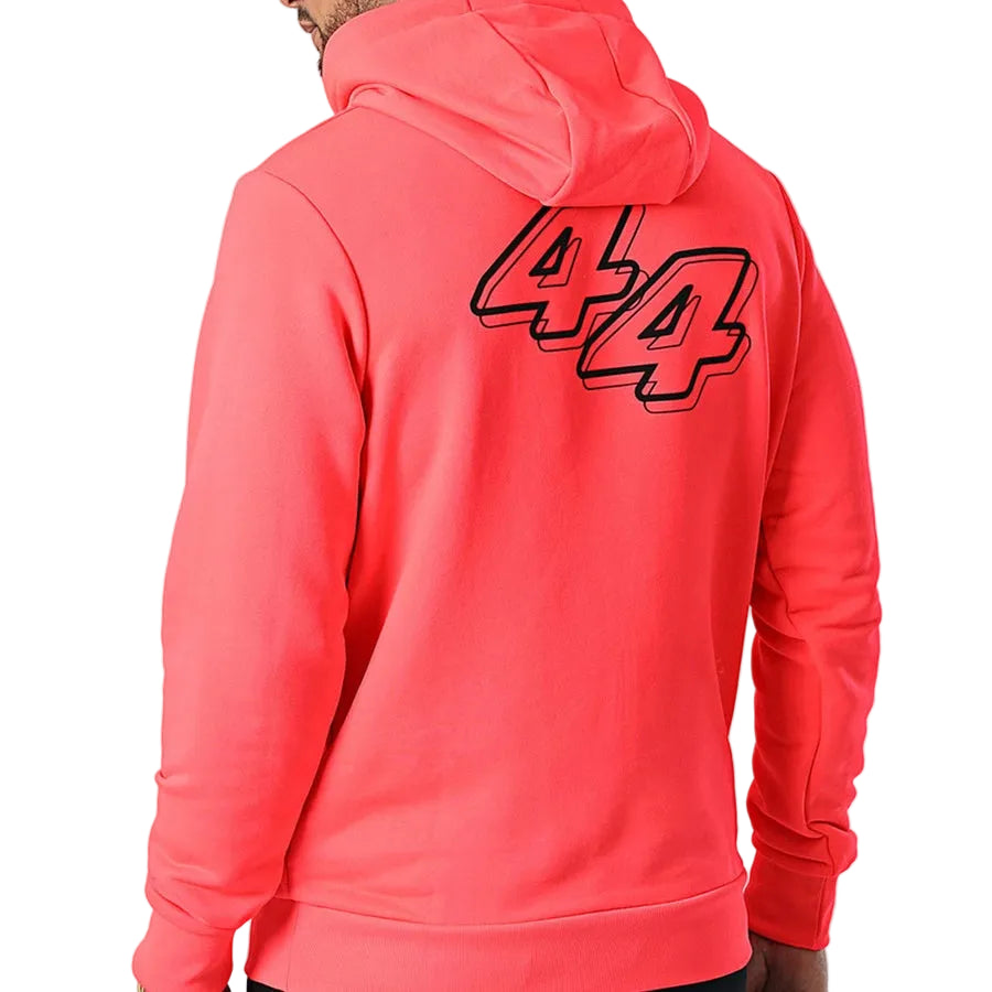 Men's Pink Long Sleeve Mercedes AMG F1 Team Petronas hoodie with Lewis Hamilton '44' printed on the back against a gray background