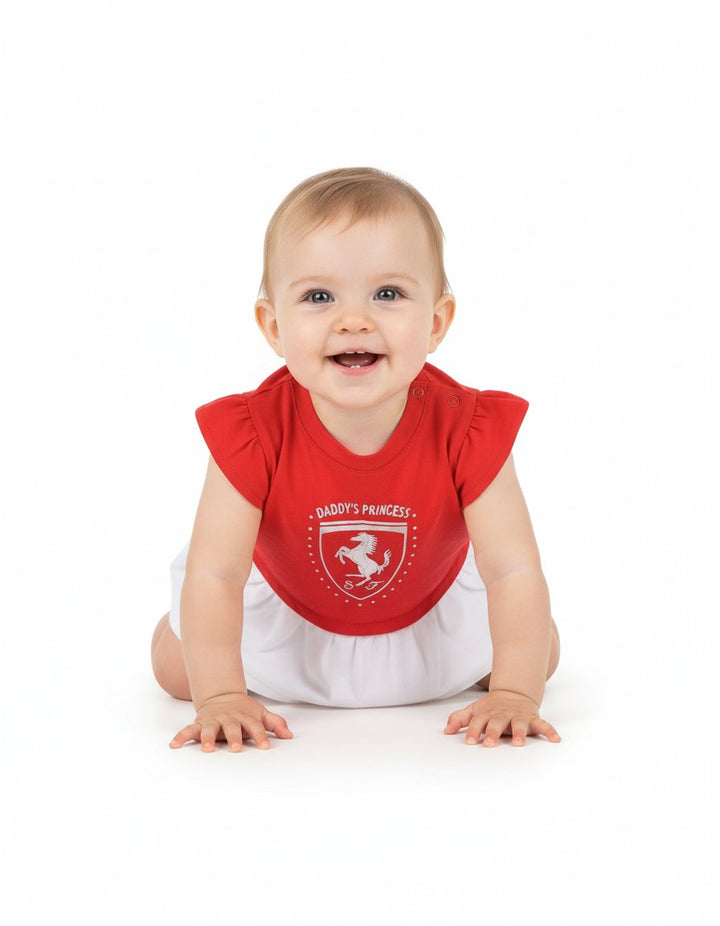 Ferrari Babydoll F1 Logo Shield Newborn Baby Girl Infant Dress Red and White