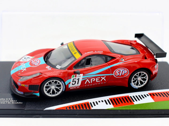 Ferrari 458 Italia GT3 #51 FIA GT3 Silverstone 2011 Red model with various sponsor logos on a white background diorama base 1:43 Scale 