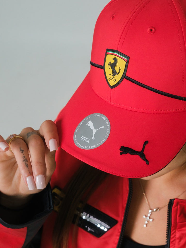 Scuderia Ferrari F1™ Team "Everywhere Red" Made in Italy Women's Bomber Jacket  with Ferrari Red Baseball Hat Outfit - Red