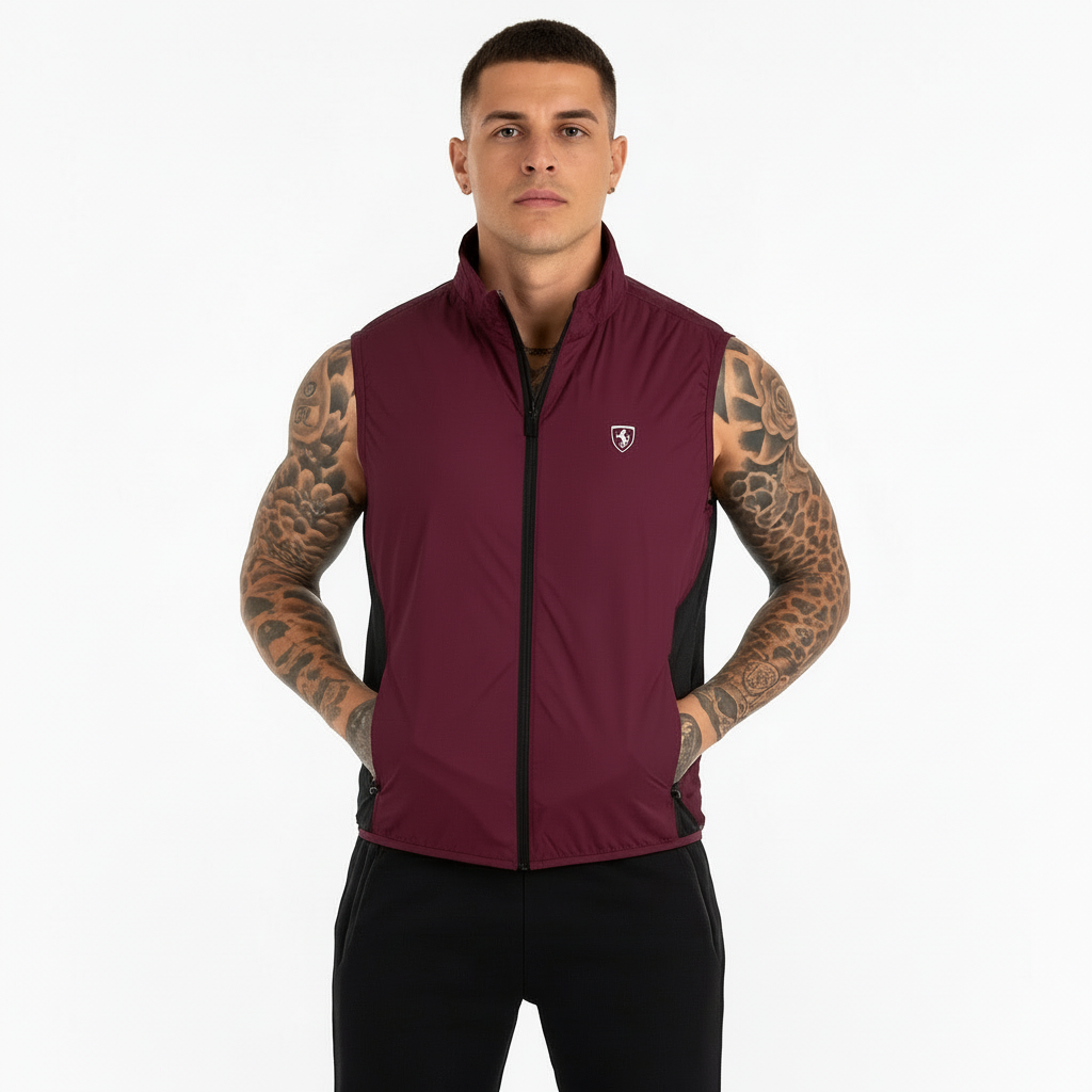 Man wearing a Scuderia Ferrari F1 Team Windproof Water Repellent Fitted Sleeveless Men's Vest - Burgundy