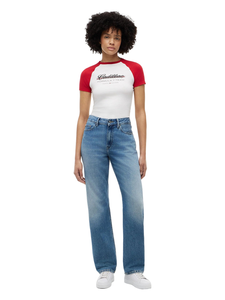 Woman wearing a red and white baseball raglan claasic t-shirt with &