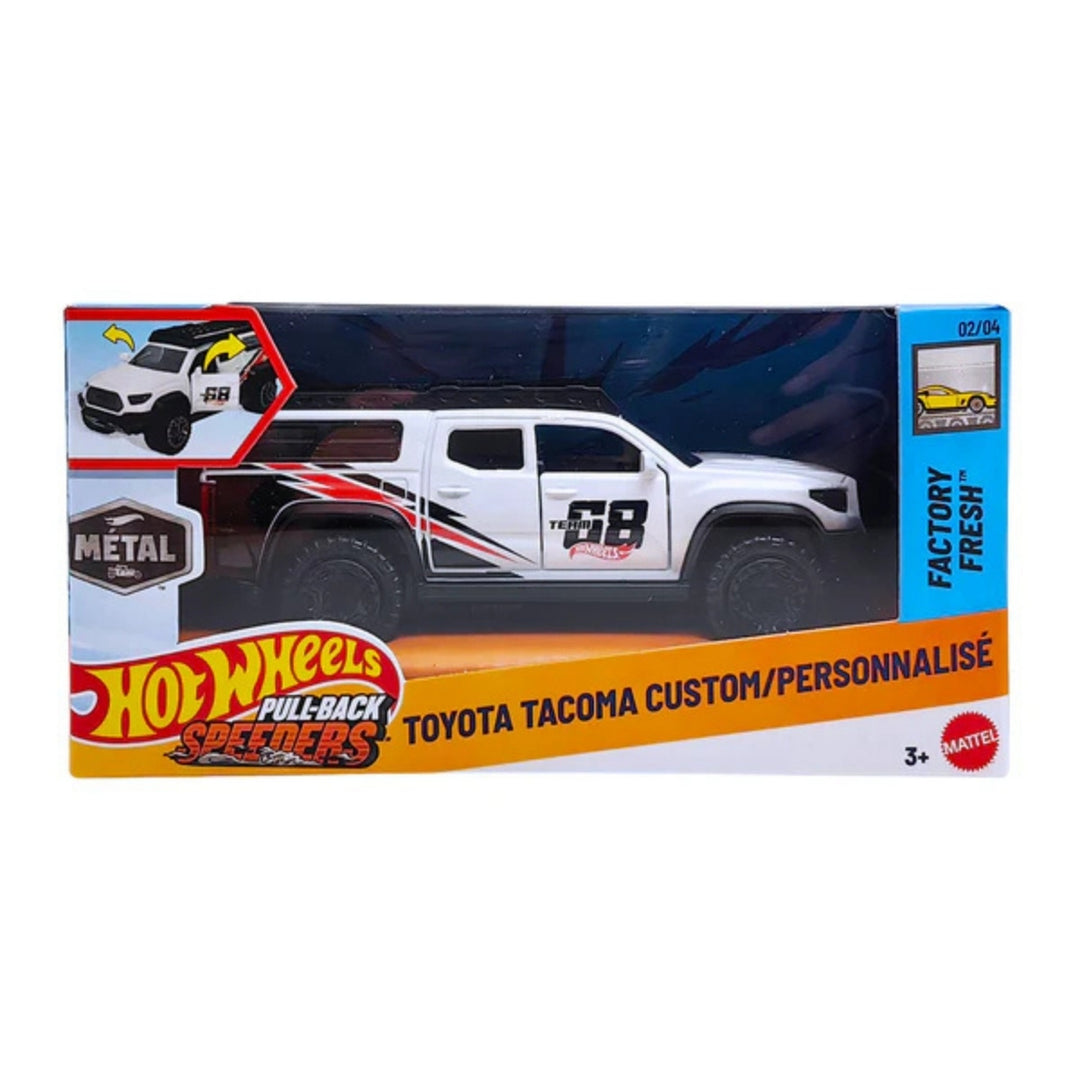 Hot Wheels Tacoma long bed off road pickup toy truck packaging with unique Toyota TRD Racing Tacoma white design on a white background