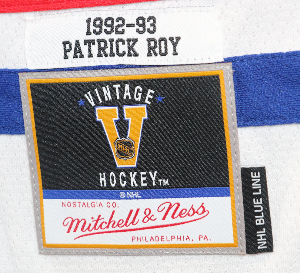 1992-1993 Patrick Roy Vintage hockey jersey label patch with Mitchell &amp; Ness badge branding and NHL Blue Line Hockey Jersey - White