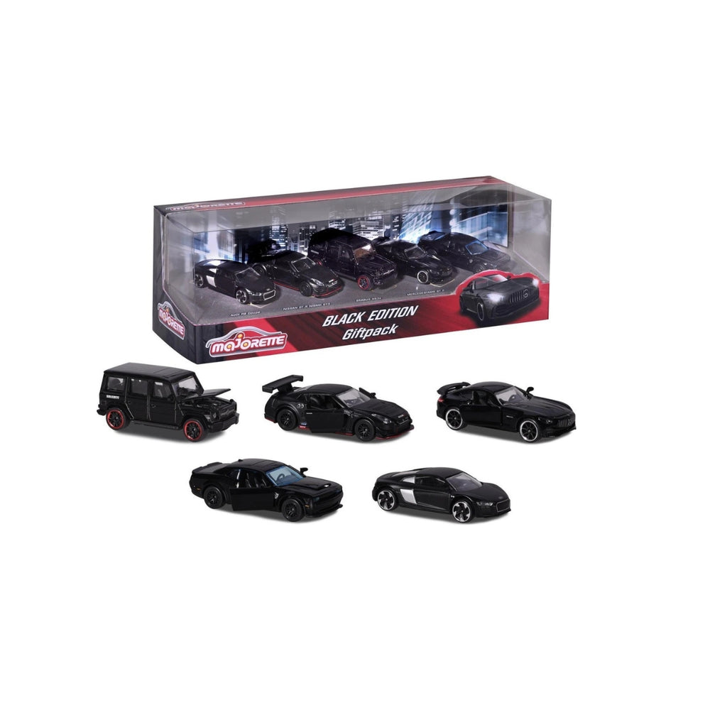 1:64 Majorette Black Edition 5 Pieces Audi R8 Coupé - Nissan GT-R - Nismo GT3 Brabus B63s Mercedes - AMG GT R - Dodge Challenger SRT Hellcat -Giftpack Model Cars - Black