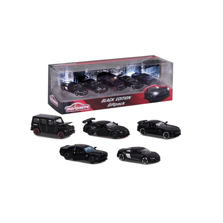 1:64 Majorette Black Edition 5 Pieces Audi R8 Coupé - Nissan GT-R - Nismo GT3 Brabus B63s Mercedes - AMG GT R - Dodge Challenger SRT Hellcat -Giftpack Model Cars - Black
