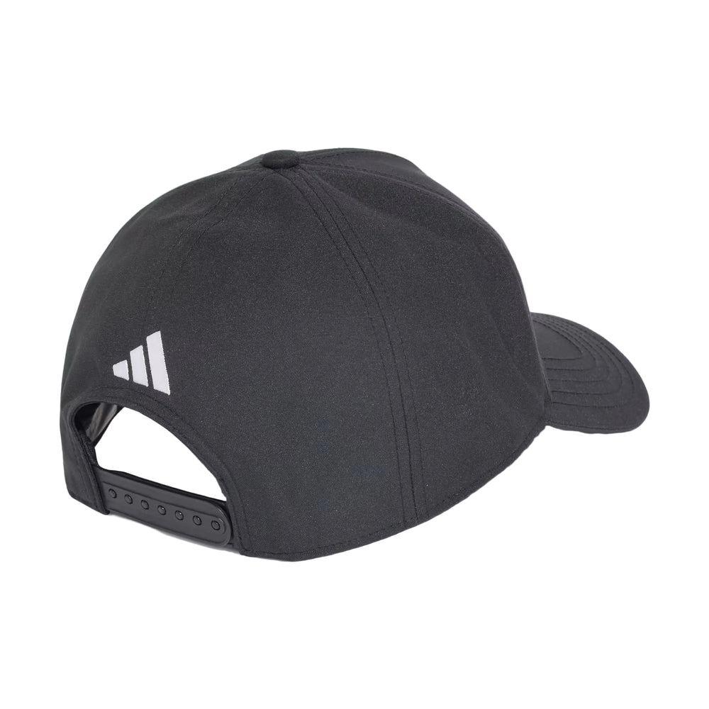 Black cap with mesh back on a light gray background