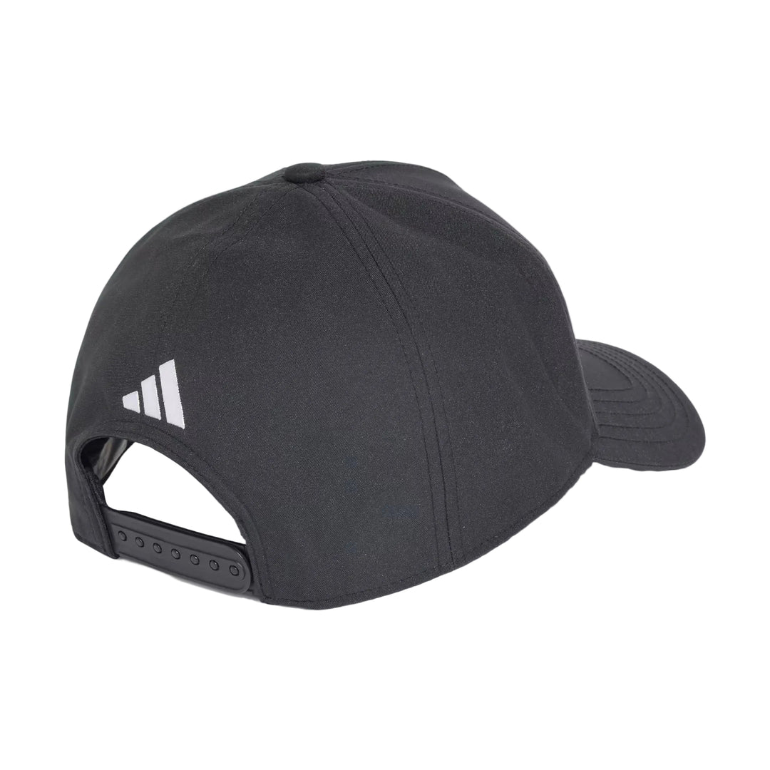 Black cap with mesh back on a light gray background