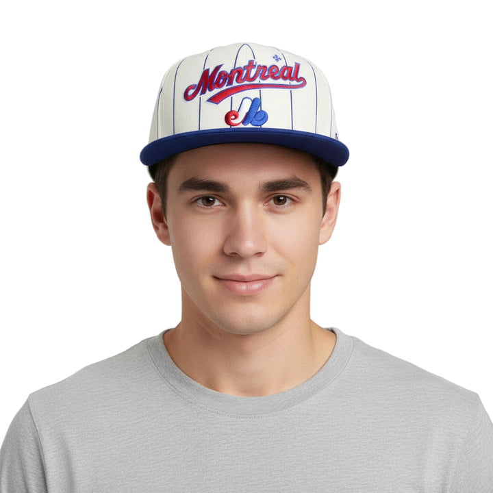 Montreal Expos Baseball Fan wearing an officially licensed MLB® New Era® Jersey Pinstripe 9FIFTY Men's Snapback Cap - White