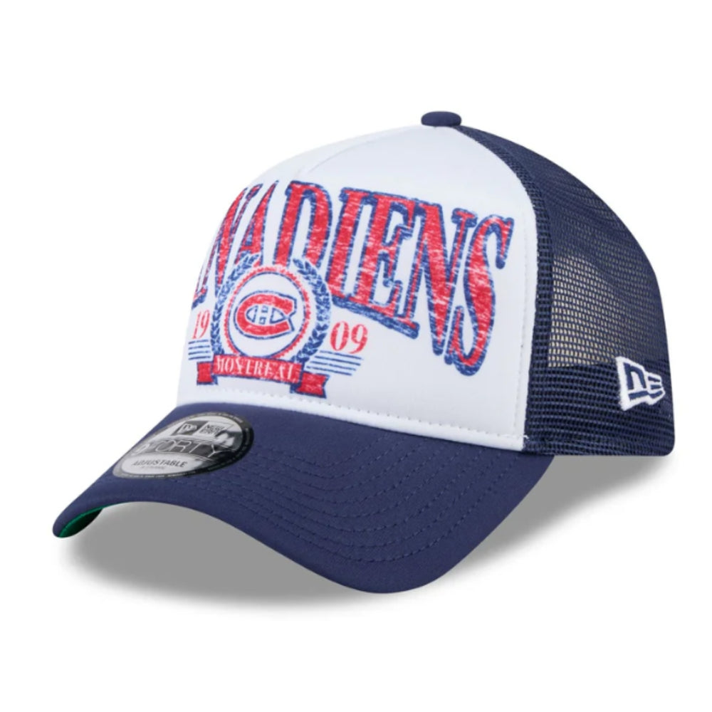 Montreal Canadiens Distressed 9FORTY A-Frame Men's Trucker Baseball Hat - White and Navy