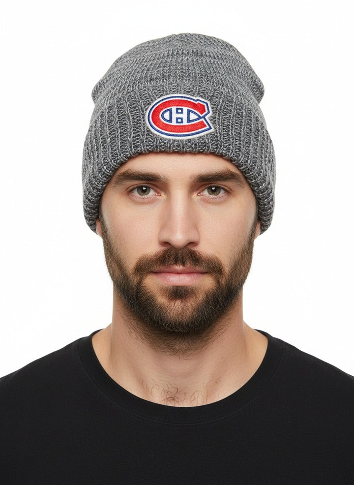 Habs Man wearing a grey Montreal Canadiens NHL Ice Hockey Club Official winter beanie with no pom 