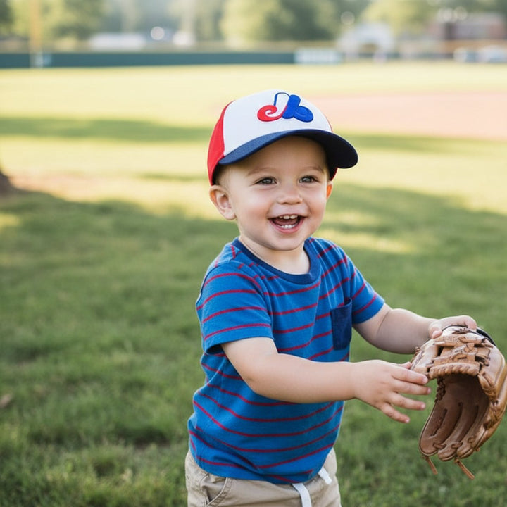 Child aged 1 to 2 years old wearing a Montreal Expos baseball blue, red and white by New Era
