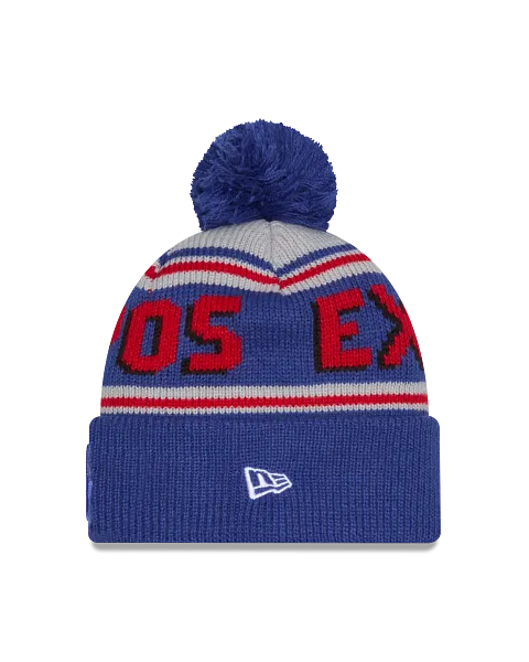 Montreal Expos MLB Blue and gray beanie by New Era with red text and pom-pom on a white background