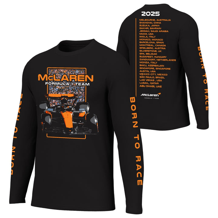 Genuine McLaren Formula 1 Team 2025 F1 Calendar Tracks and Circuits Long Sleeve Unisex T-Shirt - Black