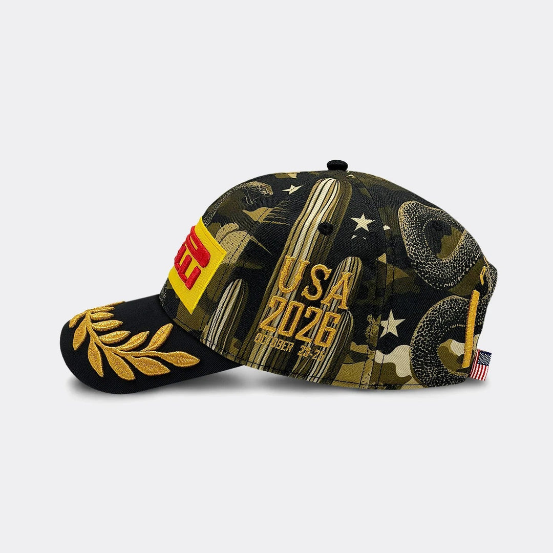 A Pirelli F1 2026 Austin USA GP Podium Hat – featuring a black and olive green camouflage pattern with gold embroidered laurel leaves on the brim, a red and yellow "Pirelli" patch on the side, and &