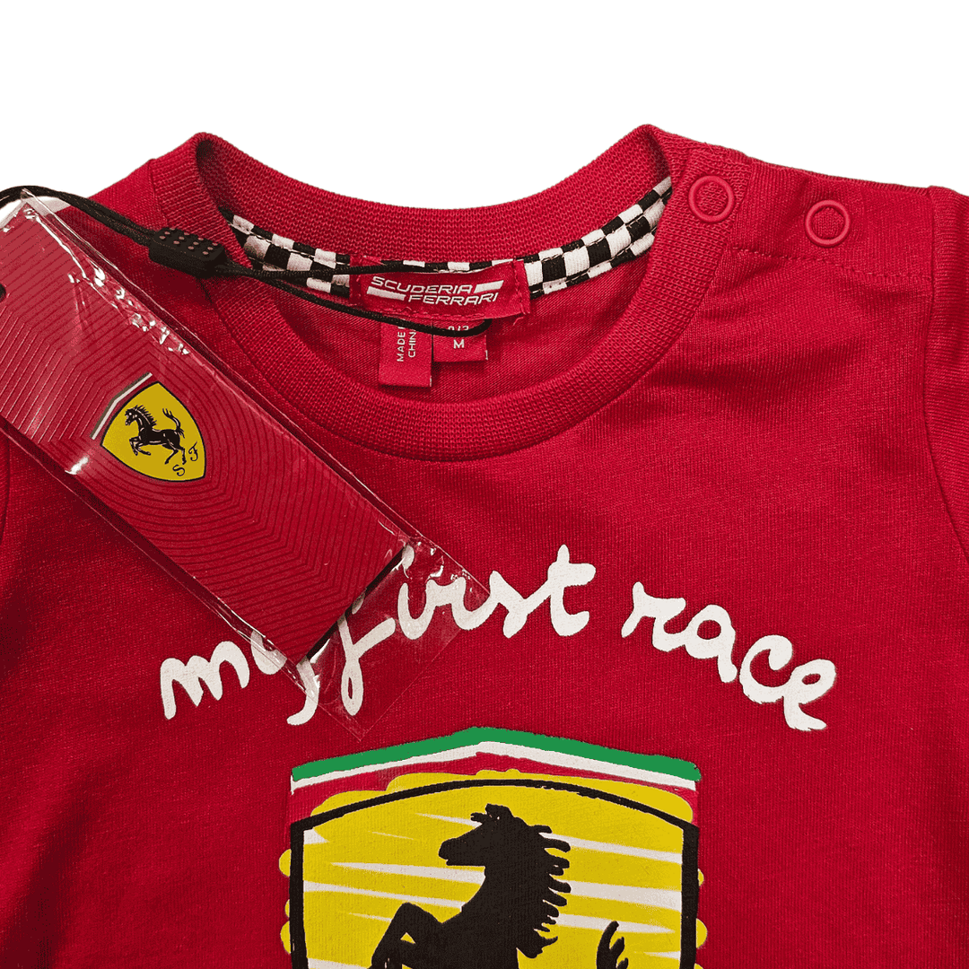 Scuderia Ferrari "My First Race' Large Logo Shield T-Shirt in red for boys r girls infant newborn clothing and apparel in red 