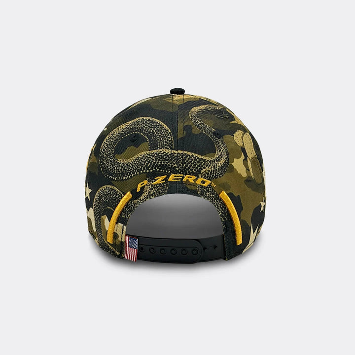 Razer back view of a camouflage Official Austin GP F1 Podium baseball cap featuring a large black  rattle snake graphic, yellow Pirelli &