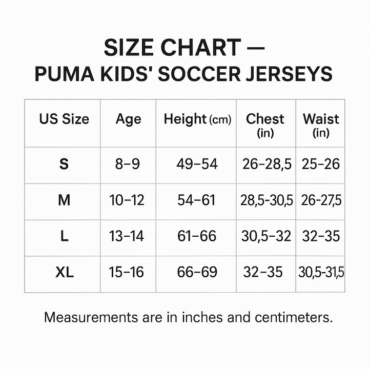 Puma Kids Youth Boys Girls Size Chart Soccer Jerseys Canada Store 