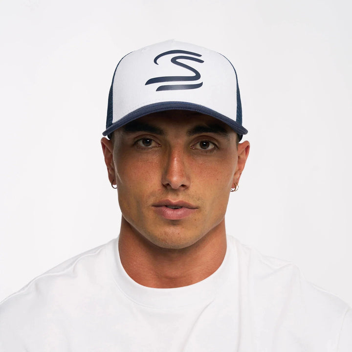 Ayrton Senna Signature Meshed Trucker Men's Cap - Navy and White 
