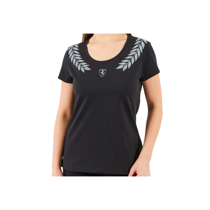 Scuderia Ferrari Black Scoop Neck T-shirt with white laurel leaf designs on shoulders worn by a woman on a white background