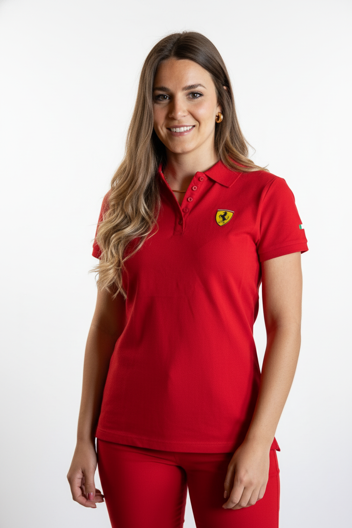 Official Scuderia Ferrari Classic Logo Polo shirt in iconic race red with the yellow Prancing Horse shield on the chest and Italian stitched flag on the left sleeve, exclusively available at Fanabox in Montreal, Quebec, Canada.
