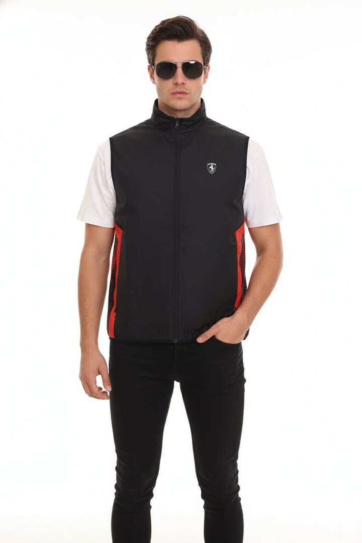 Formula 1 fan wearing a Ferrari black vest with red accents, white shirt, and sunglasses on a white background