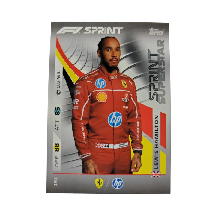 2025 Topps Turbo Attax F1 Sprint Super Star Lewis Hamilton Scuderia Ferrari HP F1 Team Trading Card grey and white 