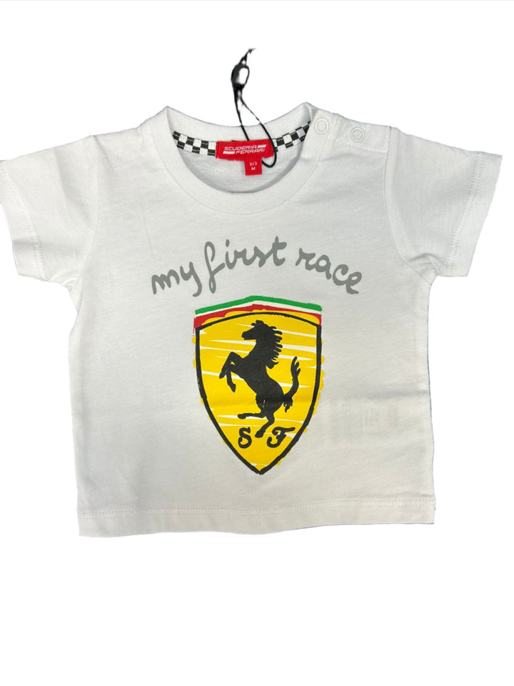 Scuderia Ferrari 'My First Race' Logo Shield White Infant Newborn Baby T-Shirt