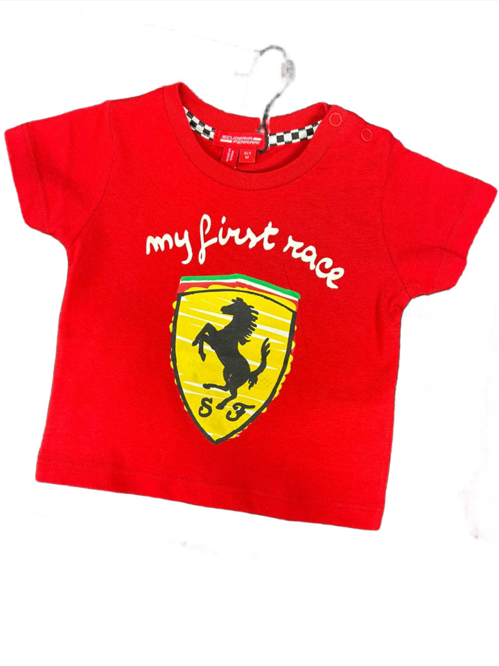 Scuderia Ferrari F1 Team 'My First Race' Logo Shield Baby T-Shirt for Kids - Red