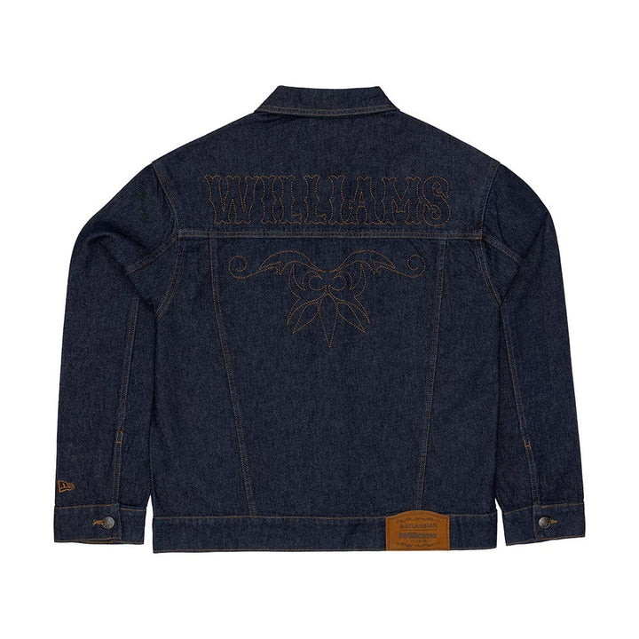 Detailed rear view of the Williams F1 Austin Grand Prix 2026 denim jeans jacket jacket showing brown Western-inspired embroidery, dark indigo cotton denim and the commemorative Austin race special design.