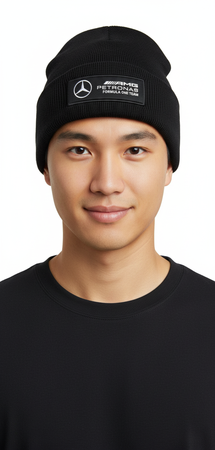 Asian man wearing Mercedes AMG F1 beanie - front
