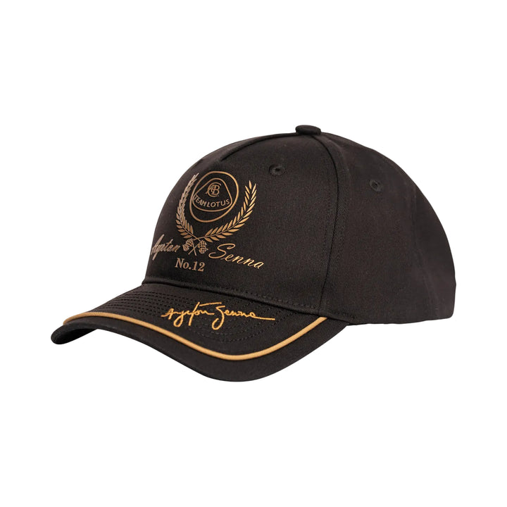 Ayrton Senna Lotus F1 No. 12 black and gold collectible cap side and front view