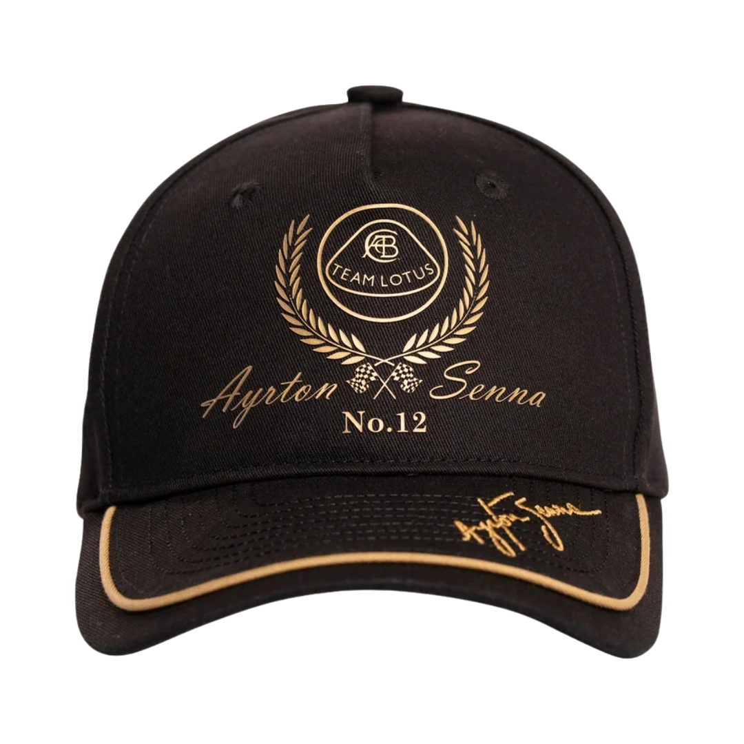 Ayrton Senna Team Lotus No. 12 F1 black and gold signature cap front view