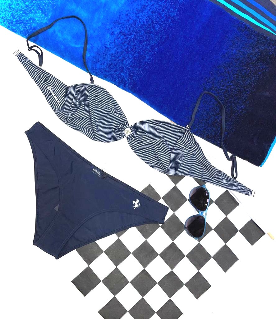 Ferrari 'Retro' Logo Bikini Top and Bottom Set- Navy Blue