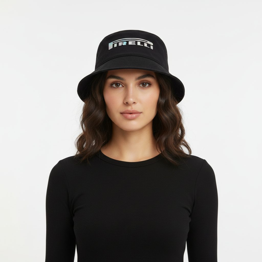 Young female F1 fan wearing a black bucket hat with Pirelli logo on a white background