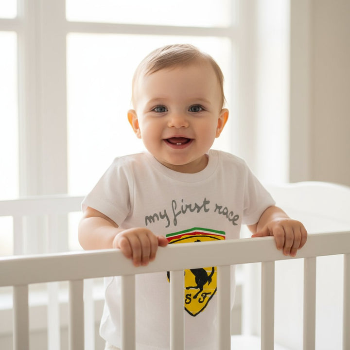 Scuderia Ferrari F1 Team 'My First Race' New Born 0 to 3 months Infant Baby T-Shirt in White