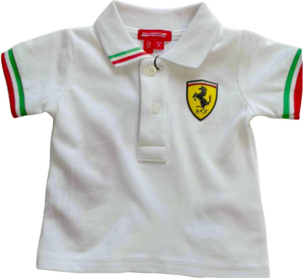 A Scuderia Ferrari white short-sleeved baby infant polo shirt for boys and girls with a Ferrari logo on the chest, featuring red, green, and white striped details on the collar and sleeves.