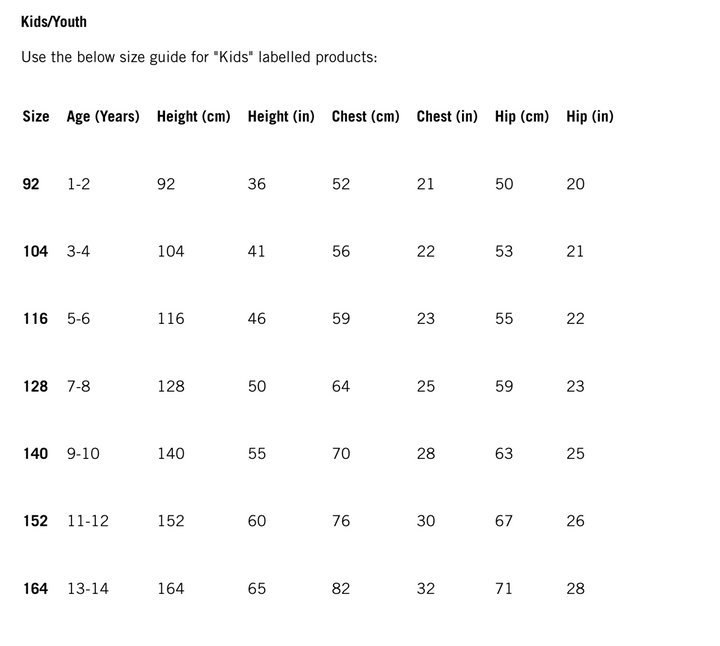 Kids Mercedes AMG Size Chart Grille de Taille Marchandise Enfant Mercedes F1 Team 